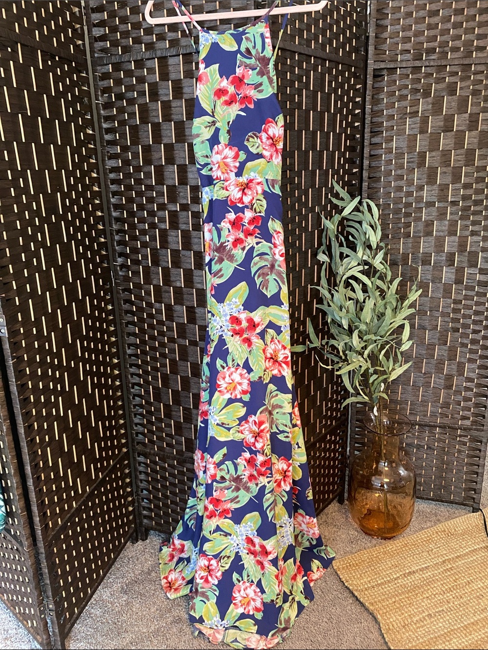 Lulu's Navy Floral Halter Maxi with Red & Green Accents